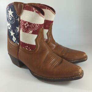 ARIAT Girls' Stars & Stripes - Size 2 / Snip Toe Cowboy Boots Leather Red Blue